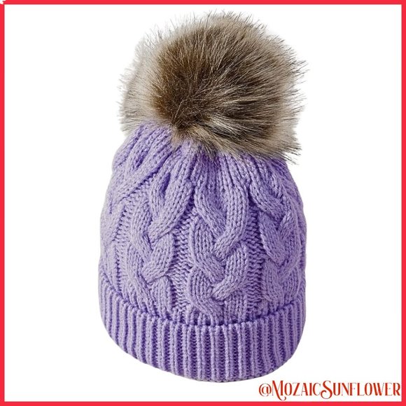 Toddler Hand Cable Knit Lavender Hat Faux Fur Pom - Picture 2 of 4